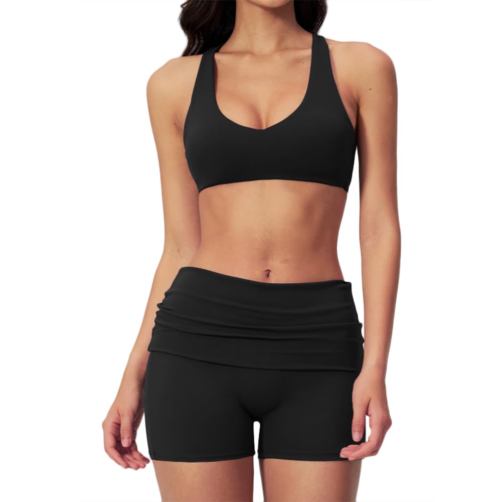 JPXJGT Women's Sports Set, Breathable Quick-Dry, Gym Yoga Workout Two-Piece Fitness Yoga Set(Size:M,Color:Black)