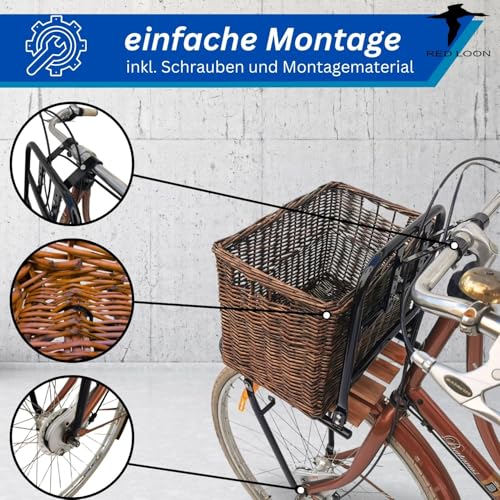 Fahrrad Gepäckträger vorne Frontgepäckträger - Fahrradgepäckträger Vorderrad - Red Loon Fahrrad Frontträger - Stahl/Holz Front Loader - Gepäckträger vorne universell - inkl Fahrradkorb aus Rattan