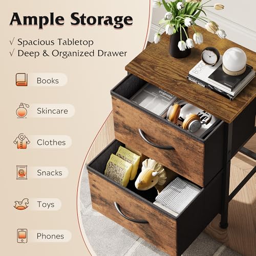 WLIVE Night Stand, Small Dresser with 2 Drawers & Wooden Top, Nightstand with Fabric Bins, Bedside Table End Table for Bedroom, Closet, Entryway, College Dorm, Rustic Brown - Image 4
