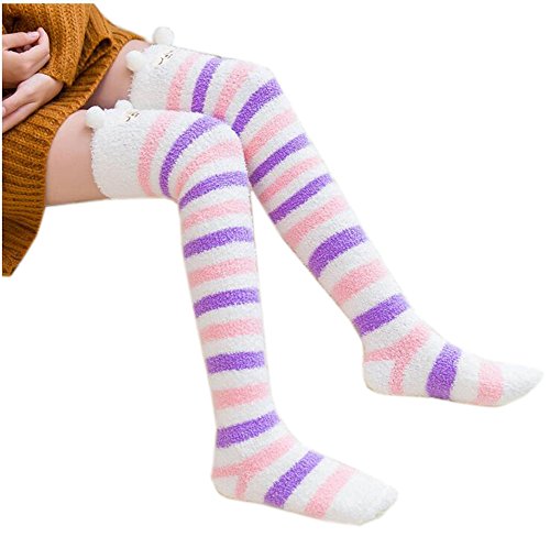 Image of Hotmiss Womens Thigh High Fuzzy Socks Cute Over the Knee Stockings Winter Warm Stripe Leg Warmers