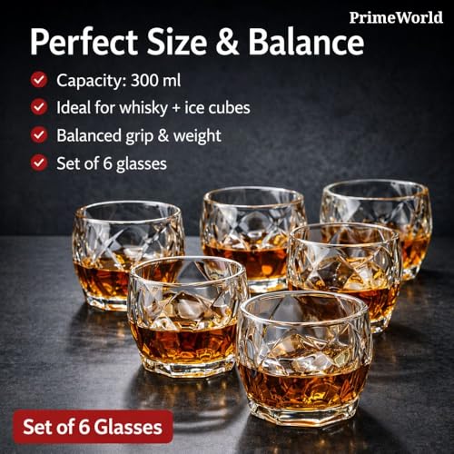Image of PrimeWorld Stylish European Crystal Whiskey Glasses Set of 6 pcs- 300 ml Bar Glass for Drinking Bourbon, Whisky, Scotch, Cocktails, Cognac- Old Fashioned Cocktail Tumblers