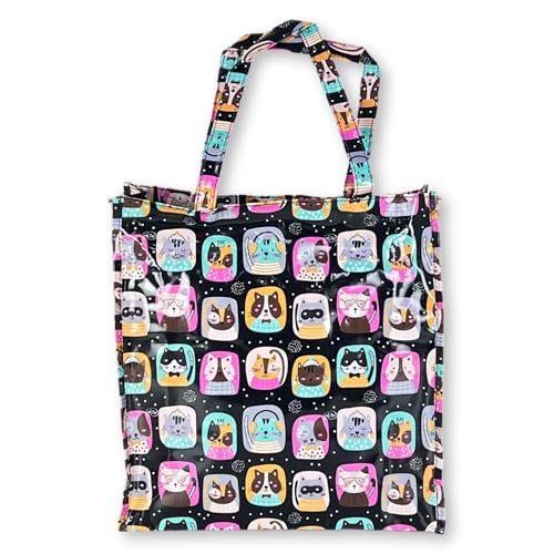 BOGACI Borsa Donna Ragazza Shopper In Plastica Busta Spesa Casual Universale Fantasia Gattini Cagnolini (Fantasia G.3 Nero)