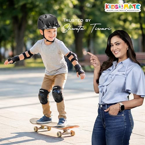 Image of Kidsmate Sports Protective Gear Set for Boys & Girls | Kids Safety Guard Contains Helmet, Knee Pads, Elbow Pads & Wrist Guards | Ages 3-14 Years, Ideal for Cycling, Skateboarding & Scooters (Black)