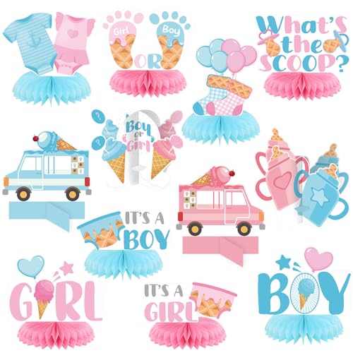 12 Pcs Ice Cream Gender Revel Decoration Honeycomb Centerpiece Whats the Scoop Gender Reveal Decorations Pink Blue He or She Table Topper Table Decor or Baby Shower Birthday Party Favors