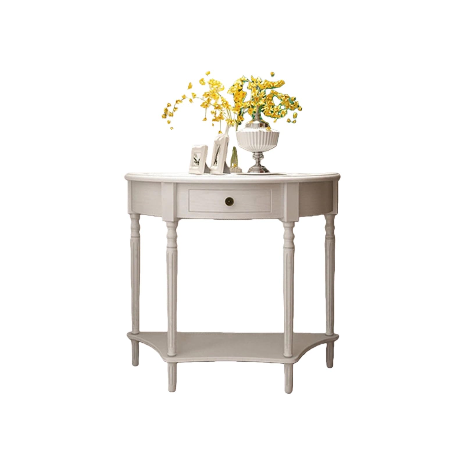 Mesa consola semicircular con cajón y estante de madera para pasillo