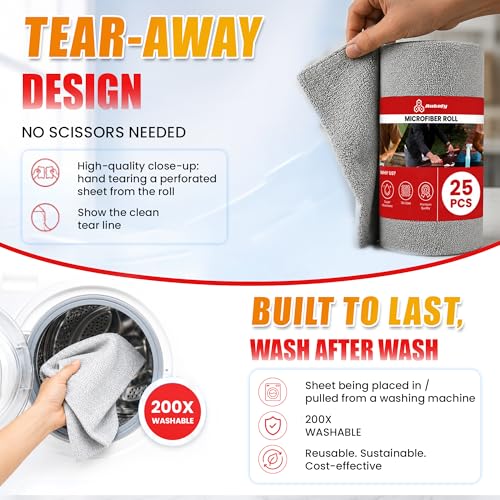 Image of Autofy Microfiber Cleaning Cloth Roll 25 Pcs 30x30 cm 5000 Times Washable Reusable Kitchen Towel Roll 44% Bigger Sheets 10X Cheaper Than Paper Towels Lint Free Tearable Wipes for Kitchen Car & Glass