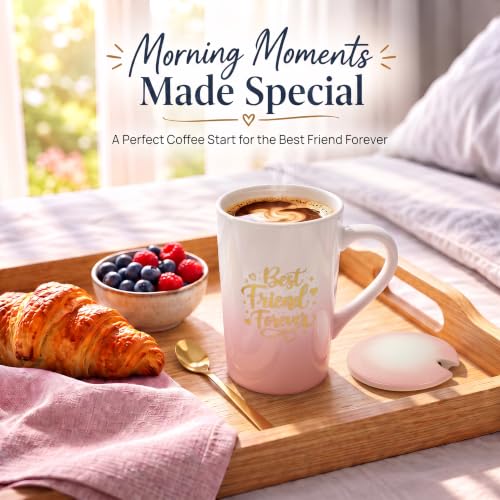Image of ZAICUS Best Friend Forever Coffee Mug with Lid & Spoon, Ceramic Cup | Perfect Birthday & Friendship Gift | Ideal for Coffee, Tea & Daily Use | White & Pink Gradient Design