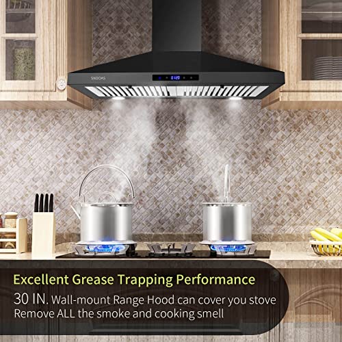 Image of SNDOAS Black Range Hood 30 Inch,Stainless Steel Wall Mounted Kitchen Hood with Touch Controls, Ducted /Ductless Convertible,Chimney-Style Stove Hood Vent for Kitchen,Baffle Filters,Black Painted Finish