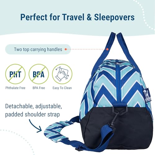 Image of Wildkin Kids Overnighter Duffel Bag - Carry-On Travel Bag for School & Sleepovers, Lightweight, Durable, Boys & Girls Ages 4-15 - Chevron Blue
