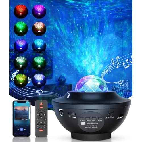 LED-Sternenhimmel Projektor,rotierender Wasserwellen-Sternprojektor ,Ferngesteuertes Nachtlicht,Farbwechselnder Musikplayer mit Bluetooth,Geeignet für Baby-Erwachsenenpartys und Weihnachtsgeschenke