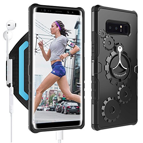 LOVPHONE Samsung Galaxy Note 8 Armband & Armour Case Set with QuickMount Sport Running Armband + Premium Protective Case with Kickstand for Galaxy Note 8,Soft Elastic Strap with Key Holder(Black)-L