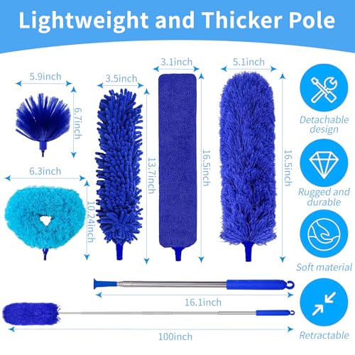 Image of Duster with Extension Pole - Royal Blue | 6-in-1 Kit Dusters for Cleaning, Extendable Duster with 100 Inches, Microfiber Dusters for Ceiling Fans, Furniture, Blinds
