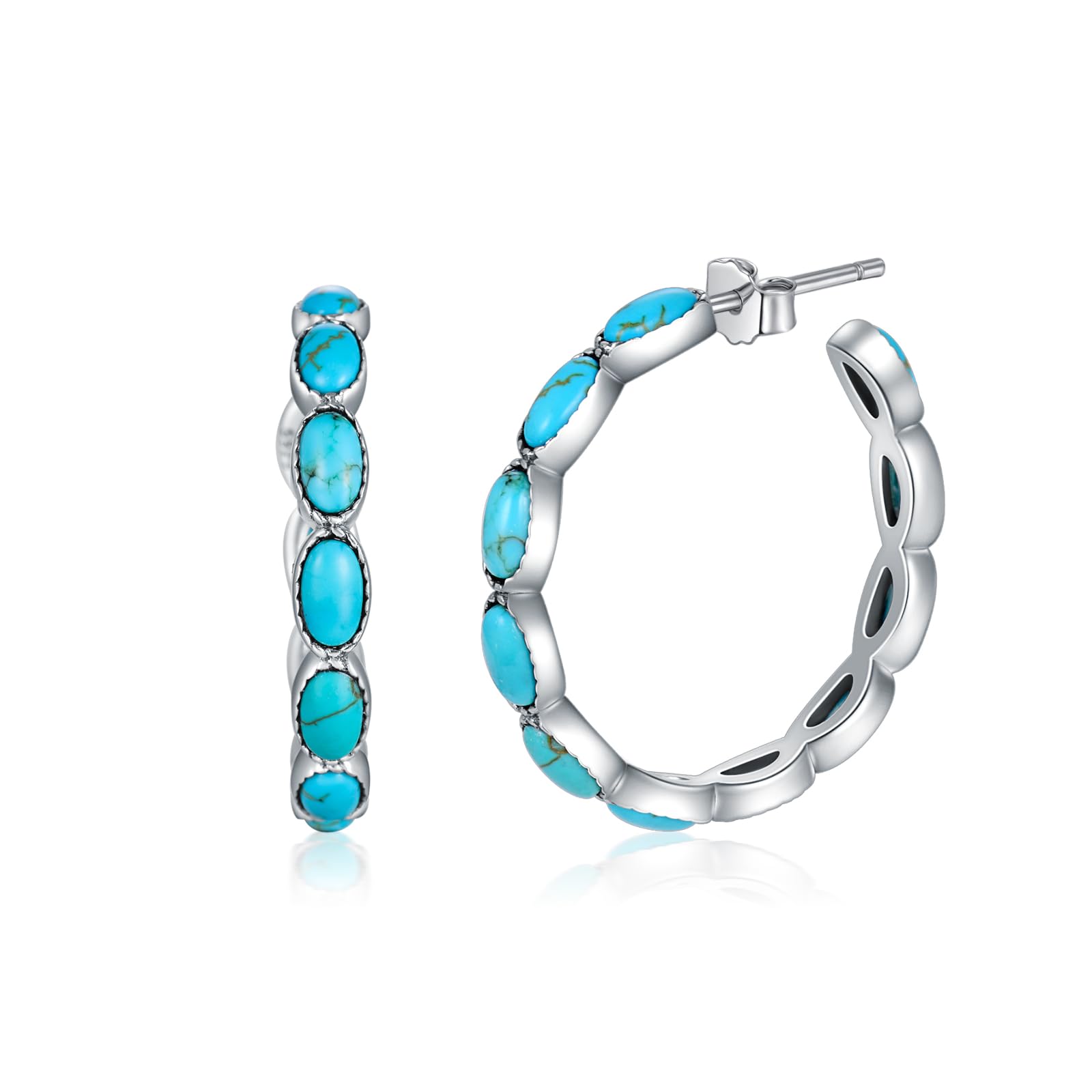 BETHZA Turquoise Hoop Earrings 925 Sterling Silver Western Vintage Genuine Blue Turquoise Boho Ethnic Jewelry Gift for Women
