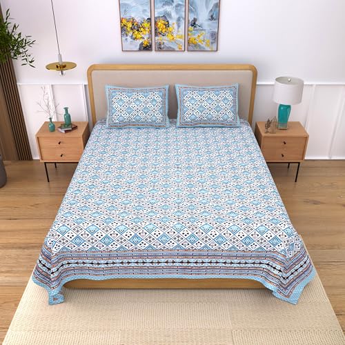 Image of India 100% Pure Cotton Jaipuri Printed Double Bedsheet with 2 Pillow Covers | Traditional Sanganeri Floral Design | Soft Breathable Fabric | King Size Bedsheet for Bedroom (Kaya40)