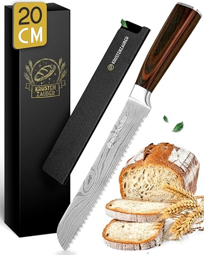 KRUSTENZAUBER Scharfes Brotmesser mit Wellenschliff mit 20cm Klingenlänge, Großes Brotschneidemesser mit edlem Holzgriff für präzises und...