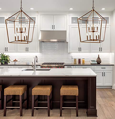 Image of JONATHAN Y Pagoda 8-Light Pendant 20 inch Cage, Antique Gold | Traditional Metal Farmhouse Hanging Lantern Ceiling Fixture, Adjustable Chain Link, For Kitchen Island, LED Bulb Included