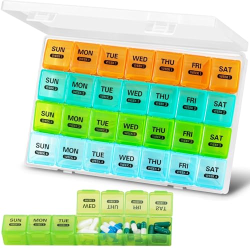 Large Monthly Pill Box Organiser 4 Week Pill Boxes 1 Times a Day Compartments Tablet Organiser Box 28 Day Vitamin Meds Supplement Container for Family Hold Plenty of Medication (Multicolor)
