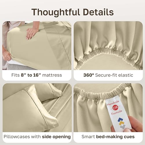 Image of California Design Den Pack of 2 King Sheets - 400 Thread Count, Soft 100% Cotton Sateen, Deep Pocket King Size Sheet Set, Durable Bedding - Beige