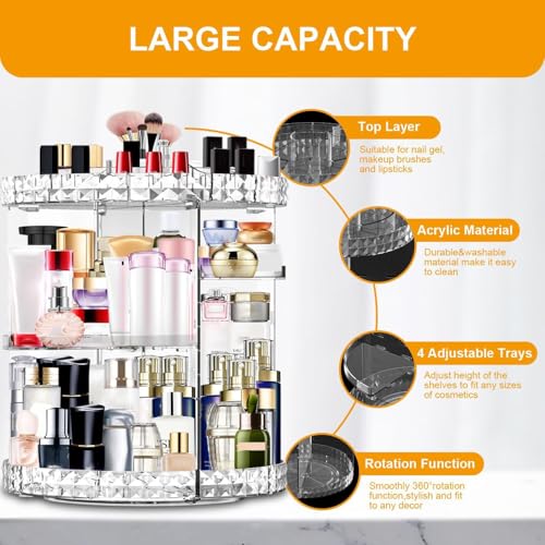 Image of SHOPPOFOBIX Makeup Organizer Adjustable 360 Rotation With 7 Adjustable Layers Large Capacity Makeup Display Case - ACRYLIC (Diamond Round)