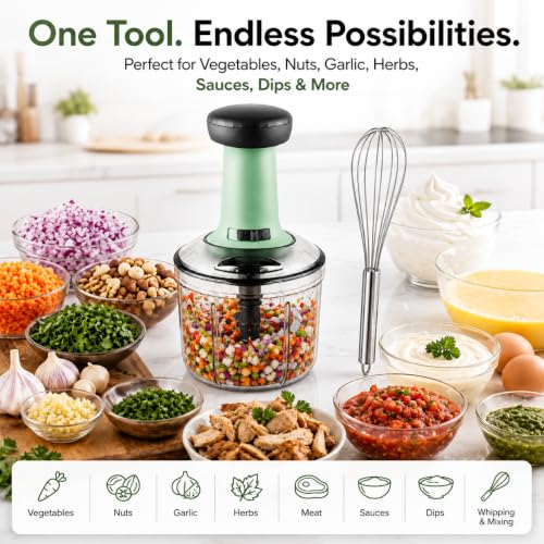 Image of Food Chopper 900ml, 4 Blade Steel Large Manual Hand-Press Vegetable Chopper Mixer Cutter to Cut Onion, Salad, Tomato, Potato 1000ml (Pack of 1 Free Whisker)