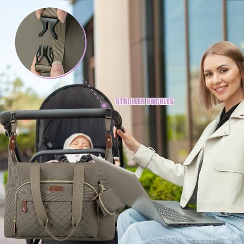 Image of Tuwubi Diaper Bag Tote,Baby Diaper Bag with Pacifier Case Large Travel Diaper Tote Caddy for Mom and Dad Multifunction Large Baby Bag - Khaki