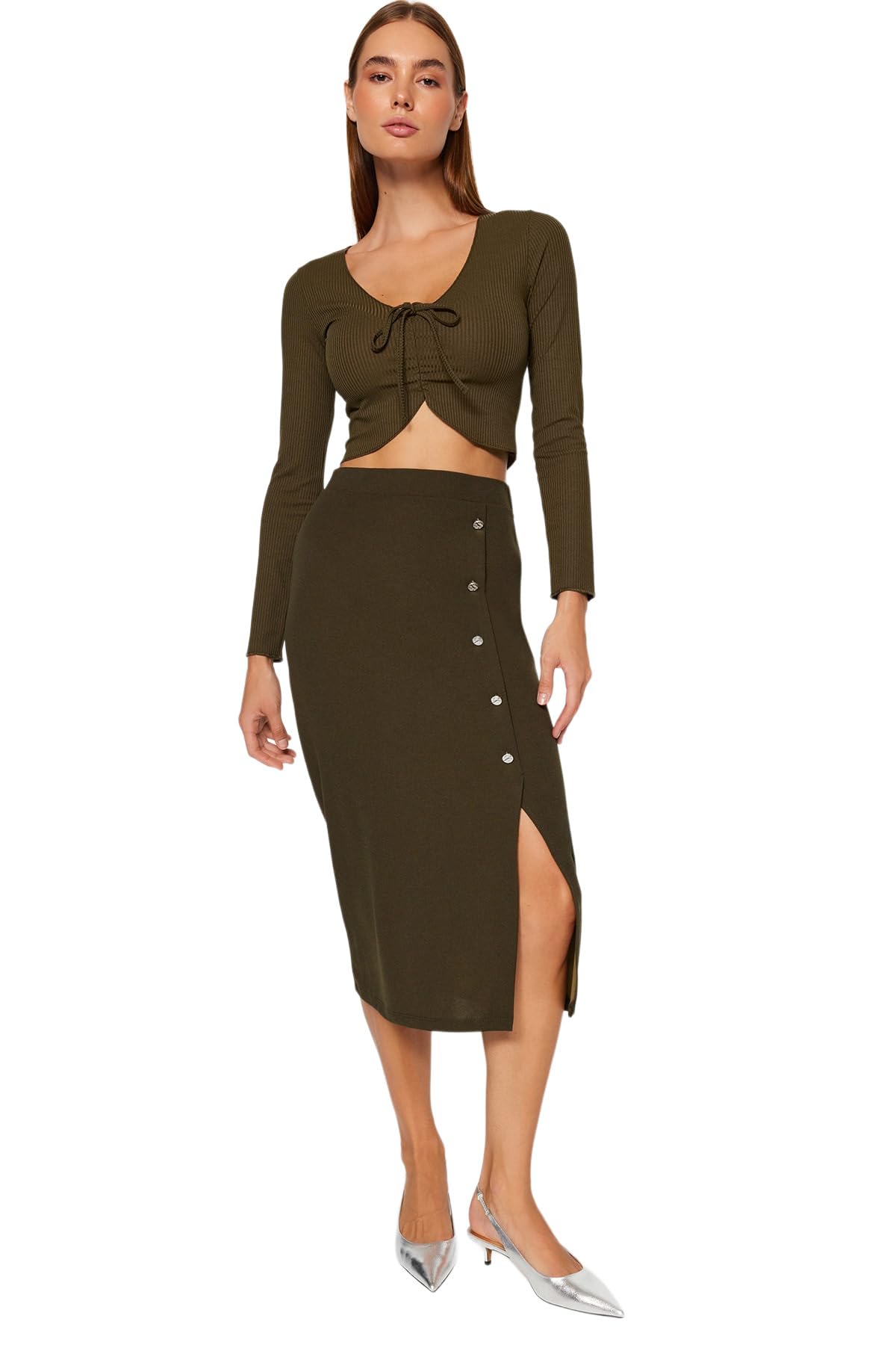 Trendyol FeMan Pencil Skirt Knit Skirt,Khaki,M