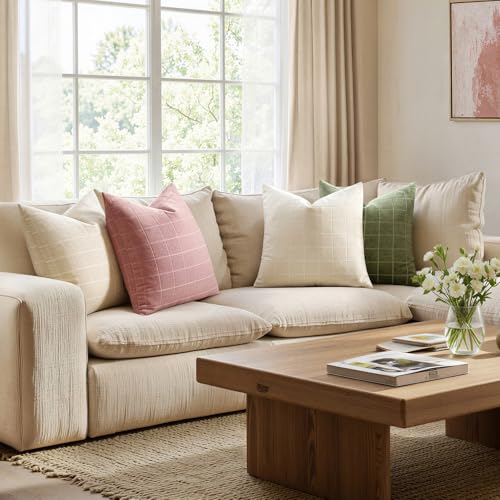 Image of MIULEE Blush Pink Plaid Decorative Throw Pillow Covers 20x20 Set of 2 | Vintage Check Chenille Couch Pillows Neutral Boho Farmhouse Cushion Covers Modern Home Decor for Sofa Bed Living Room