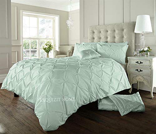 EXQUIZIT HOME Duvet Quilt Cover Pin Tuck Pinch Pleat Alexander Alford Reversible Diamond Bedding Set With Matching Pillowcase Duck Egg Double 200cm x 200cm Approximate
