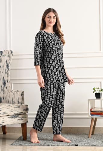 Image of Amazon Brand - Tavasya Women Cotton- Rayon Printed Kurti with Pant Co-Ord Set | Soft Comfortable Straight Fit Ethnic Kurta Set | 3 /4 Sleeves V-Neck Daily, Office & Casual Wear