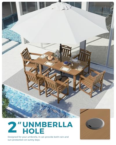 Image of Ciokea HDPE Outdoor Dining Set, 7-Piece Patio Table and Chairs Set with Umbrella Hole, All-Weather Patio Dining Sets for 6, Durable Patio Furniture for Backyard, Garden, Lawn & Poolside, Teak