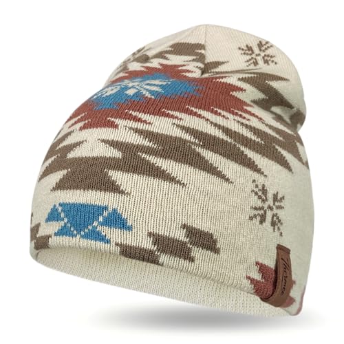 Unisex Winter Knit Beanie, Warm Geometric Pattern Snowflake Hat, Soft Stretch Skull Cap for Outdoor Cold Weather Beige