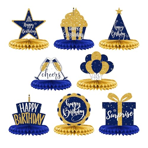 Bubaxuce 8 Pièces Bleu Or Décorations De Table Joyeux Anniversaire Centres De Table Nid D’Abeille Joyeux Anniversaire Nappes Scintillantes Bleu Et Or...