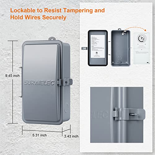 Suraielec Pool Timer, 24 Hour Mechanical Pool Pump Timer, 40 Amp, 120, 240, 277 Vac, Outdoor Heavy Duty Metal Casing Pool Control, Electric Clock Timer Switch Box For Pump, Water Heater, Spa, Hot Tub #TOP6
