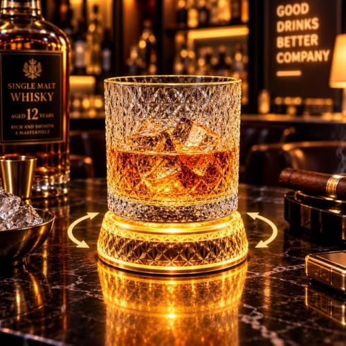 Image of Crystal Pattern LED Spinning Whiskey Glass (Pack of 2)