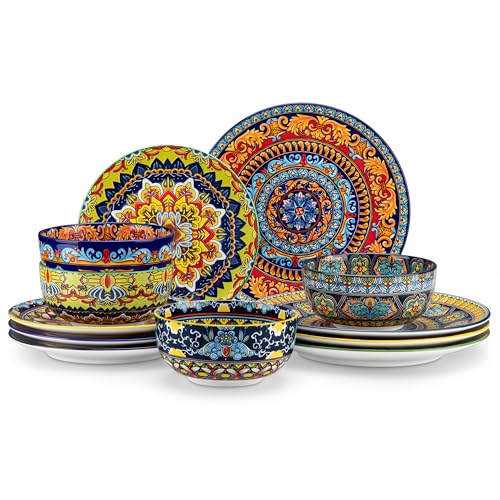 Service de Vaisselle 4 Personnes en Céramique, vancasso KRVI 12 Pièces Porcelaine Moderne, Service de Table Style Bohémien, Ensemble Assiettes et Bols,...