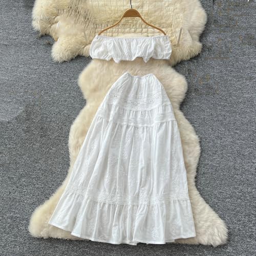 Women Embroidered Vintage Hollow Out Bohemian Dress Off Shoulder Elastic Waist Midi Skirts2