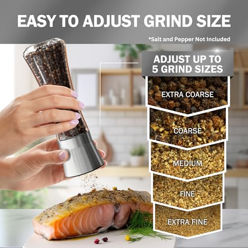 Image of Home EC Premium Stainless Steel Sea Salt and Pepper Grinder Set of 2 - Adjustable Ceramic - Tall Glass Salt and Pepper Shakers - Kitchen Spice Mill W /Funnel & EBook