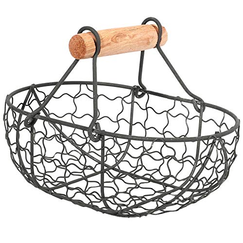 Qwertfeet Cesta de metal portátil multifunción con asa de madera retro para verduras, frutas, práctica cesta organizadora, color negro