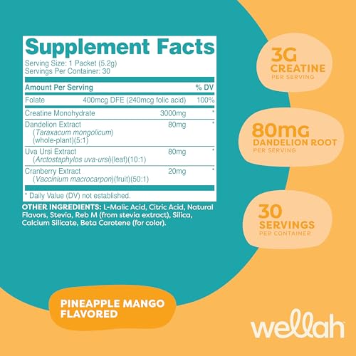 Image of Wellah Creatine for Women (Pineapple Mango) 30 Stick Packs - 3g of Creatine Monohydrate with Dandelion, Uva Ursi, & Cranberry Extract, to-Go Packets