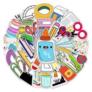 Back to School Stationery Set Sticker, 50Pcs Bulk Cute Colorful Self-Adhesive Campus Themed Stickers for Kids Teacher Reward School Party Classroom Decoration (Back to School-D)
