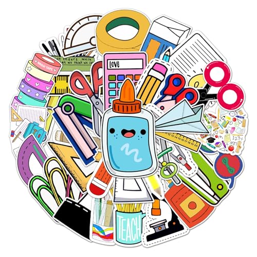 Back to School Stationery Set Sticker 50Pcs Bulk Cute Colorful Self-Adhesive Campus Themed Stickers for Kids Teacher Reward School Party Classroom Decoration (Back to School-D)