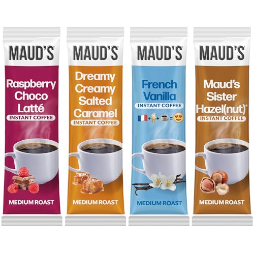 Maud's Flavored Instant Coffee Variety Pack, 24 ct, Caramel, Hazelnut, Raspberry, Vanilla, 100% Arabica Coffee, Medium Roast, Instant Hot or Iced Coffee - Just add water
