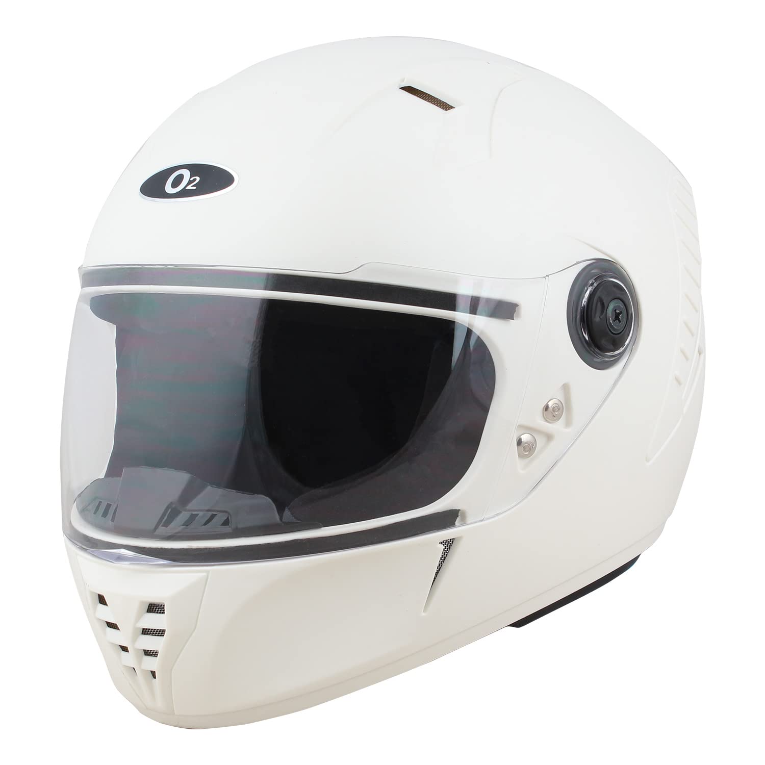 O2 Vayu Helmet Full Face with Scratch Resistant Clear Visor, Cross Ventilation, Adjustable Chin Strap & Matte Finish Graphics for Motorcycle Scooty Mens Riding (White, M)