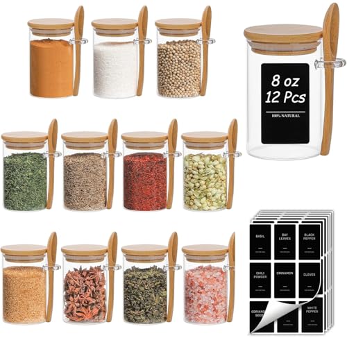 ComSaf 12 Pcs Glass Spice Jars and Spoons, 8oz Glass Containers with Bamboo Lids, Storage Containers with Airtight Lids with Black Labels for Seasonings, Salt, Loose Leaf Tea Storage