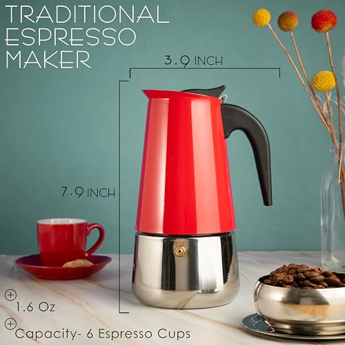 Image of Mixpresso 6 Cup Greca Moka Pot Red Stainless Steel Stovetop Espresso Maker