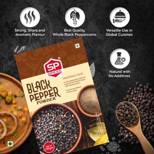 Image of SP Spices Kashmiri Mirch, Chaat Masala, Amchur, Ginger Powder & Kasoori Methi Combo Pack | Premium Indian Spices | Perfect for Cooking, Snacks, Chaat, Curries , vegetables & Marinades (50g kali mirch Powder)