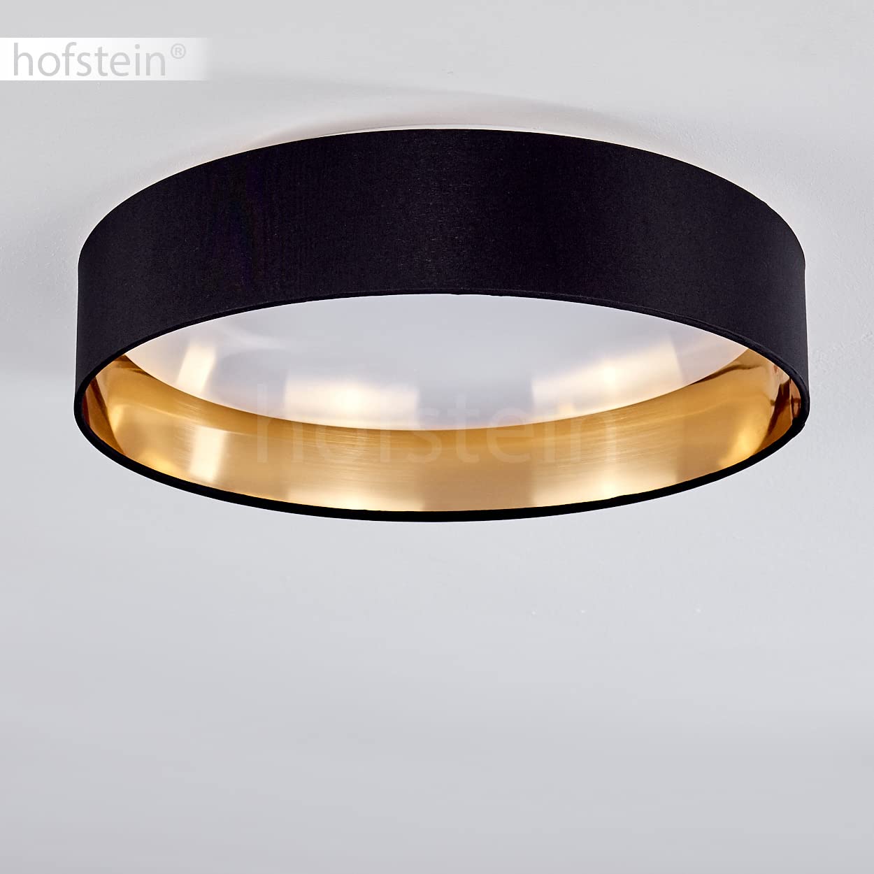 HOFSTEIN LED Deckenleuchte Elsa, moderne Deckenlampe aus Metall/Stoff/Kunststof in Schwarz/Goldfarben/Weiß, Leuchte mit Stoffschirm Ø 38 cm, 2100 Lumen, 3000 Kelvin, 24 Watt, Wohnzimmer, Schlafzimmer