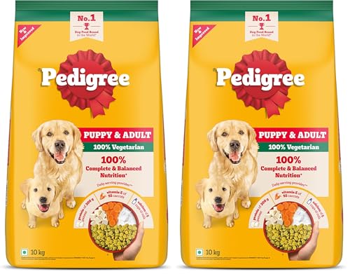 Image of Pedigree Adult & Puppy Dry Dog Food, 100% Vegetarian, 10 kg, Contains 37 Essential Nutrients, 100% Complete & Balanced Food for Adult Dogs (Pack of 2)