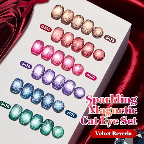 Image of Beetles Cat Eye Gel Nail Polish Set - 6 Colors 15ML Full Size Glitter Gel Polish Kit Red Pink Brown Burgundy Purple Blue Green Magnetic Stunning Effect Soak Off UV Nail Art DIY Home Manicure Gifts