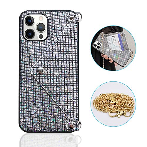Omorro Compatible With Iphone 13 Pro Max Bling Case, Glitter Diamond Sequins Case Small Credit Card Cash Holder Wallet Case With Shiny Crossbody Chain Hard Pc Back Protective Girly Stand Case Black #TOP1